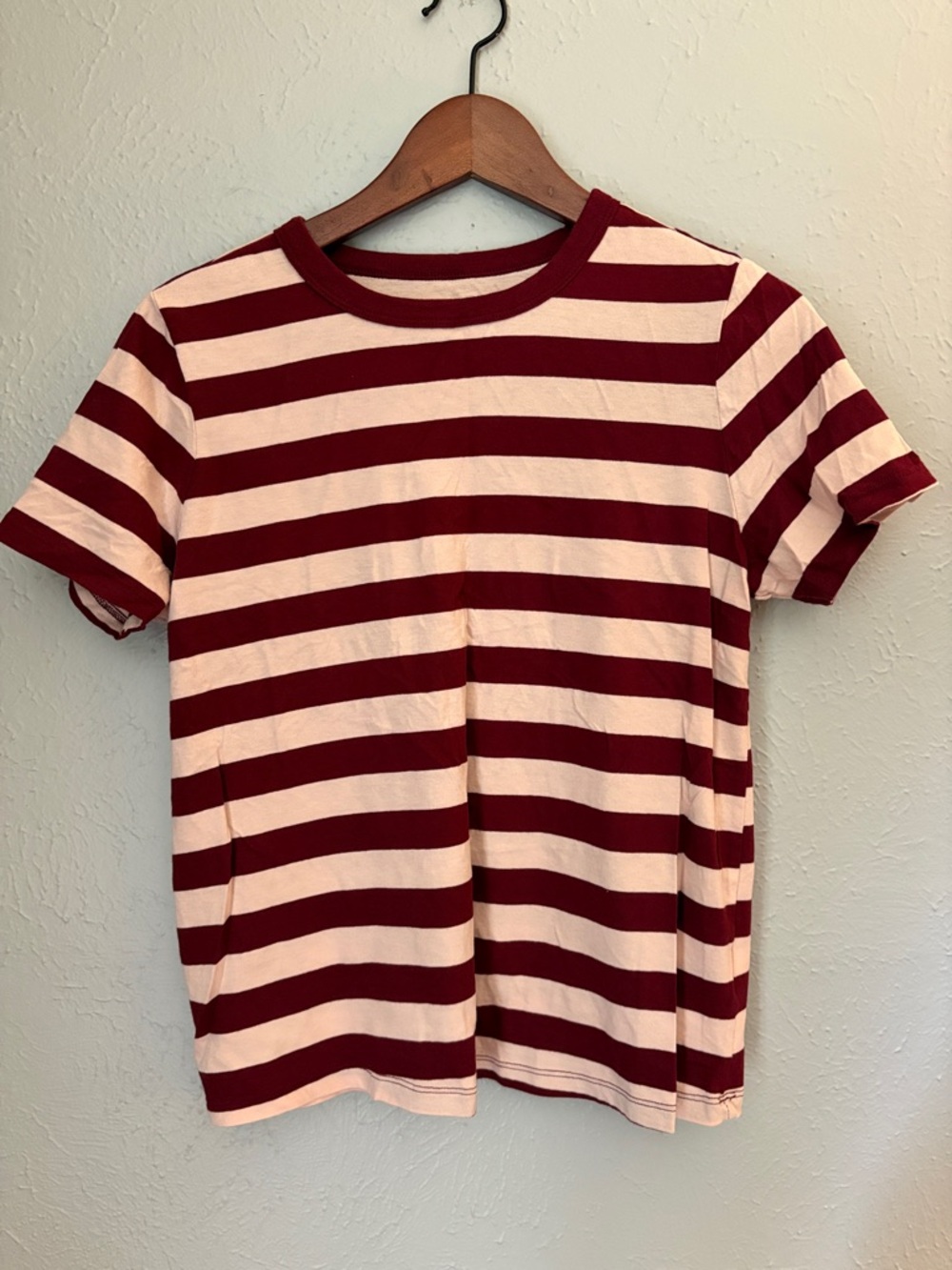 Old Navy Maroon and Cream Striped Crewneck Tee